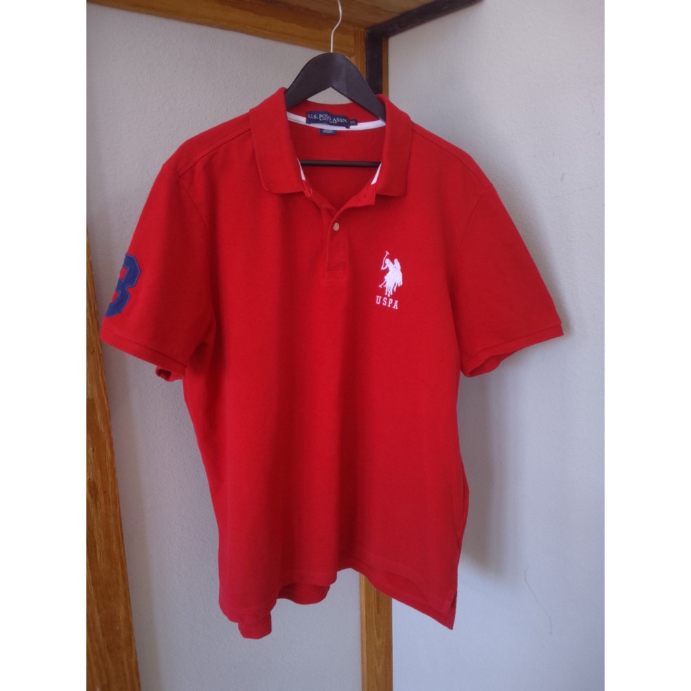 US Polo Assn Mens Red Short Sleeve Pique Polo Shirt XXL Big Logo Number 3 Patch